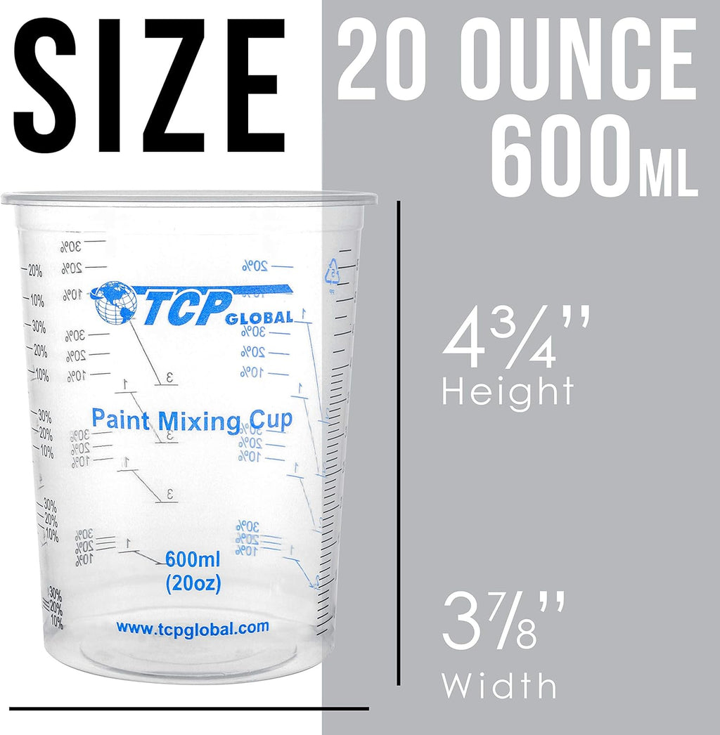 TCP Global 20 oz. (600ml) Graduated Plastic Mixing Cups - Box of 100 with 50 Mixing Sticks - Disposable Plastic Measuring Cups for Liquids, Paints, Resin, Epoxy, Art, Kitchen - Ratios 2-1, 3-1, 4-1 ML