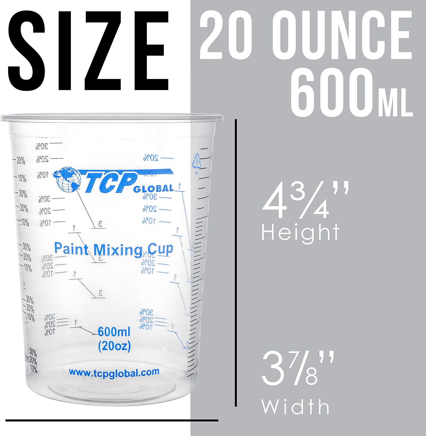 TCP Global 20 oz. (600ml) Graduated Plastic Mixing Cups - Box of 100 with 50 Mixing Sticks - Disposable Plastic Measuring Cups for Liquids, Paints, Resin, Epoxy, Art, Kitchen - Ratios 2-1, 3-1, 4-1 ML
