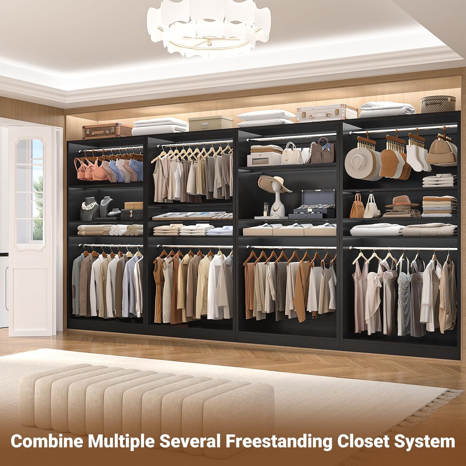 Unikito 3FT Freestanding Closet System with 2 Hanging Rods & Adjustable Shelve, 36'' Wood Closet Organizer System, Clothes Garment Rack, Sturdy Walk-in Closet Tower, Easy Assembly, Hold 800LBS, Black