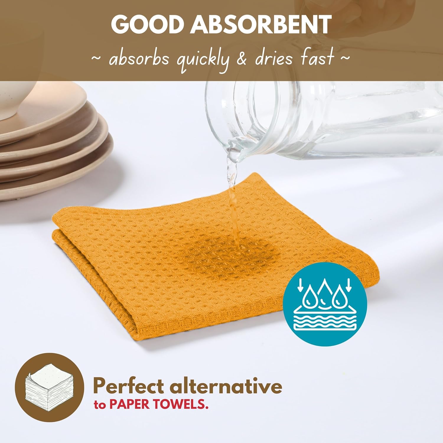Native Fab Cotton Kitchen Towel with Hanging Loop 16x26 inches, 6-Pack, Waffle Weave Kitchen Towels for Cleaning Drying, Washcloths Soft & Absorbent Cloth Rags, Bar Towel, Dish Cloth, Mustard Yellow