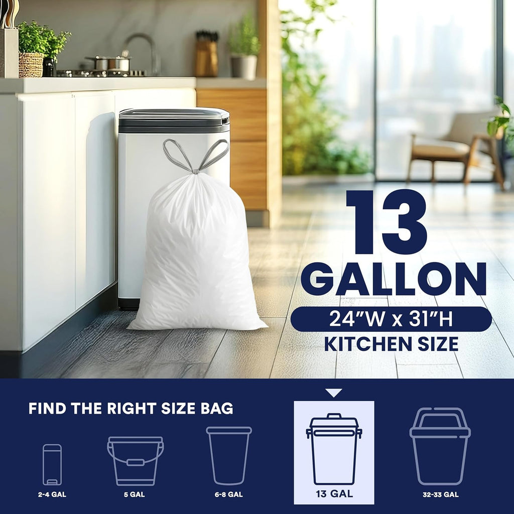 Plasticplace 13 Gallon Trash Bags │ 1.2 Mil │ White Extra-Large Drawstring Garbage Can Liners │ 24" x 31" (50 Case)