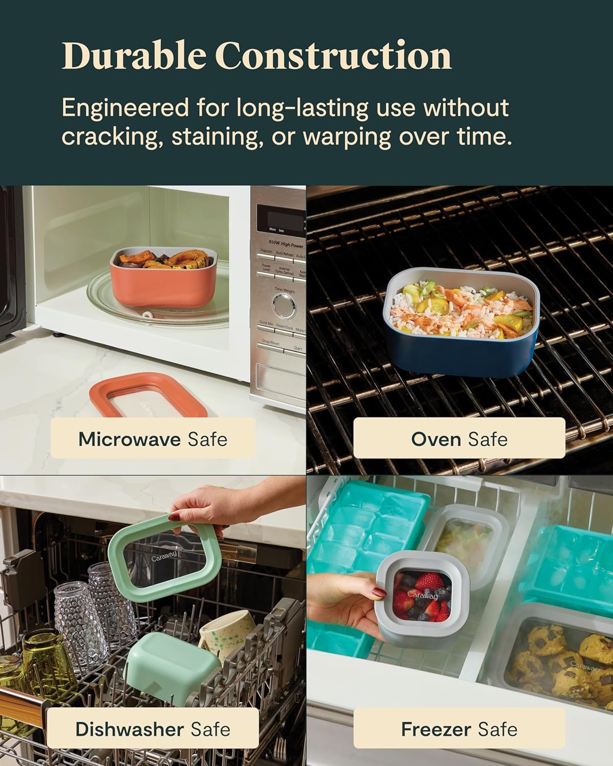 Caraway 6pc Glass Food Storage Set - 2.6 Cup Storage Containers For Food (6) - Non-Toxic Ceramic-Coated Glass - Air Release Technology - Compact & Stackable Design - Perracotta