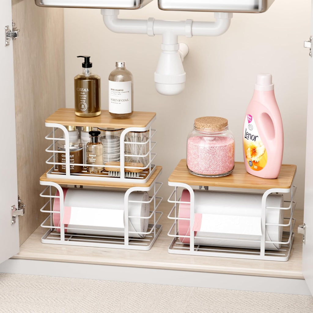 3 Pack Stackable Pantry Organizer,Stainless Steel Trash Bag Holder Dispenser,Kitchen Storage Organization for Kitchen Counter Sink,Laundry Room,Pantry, White