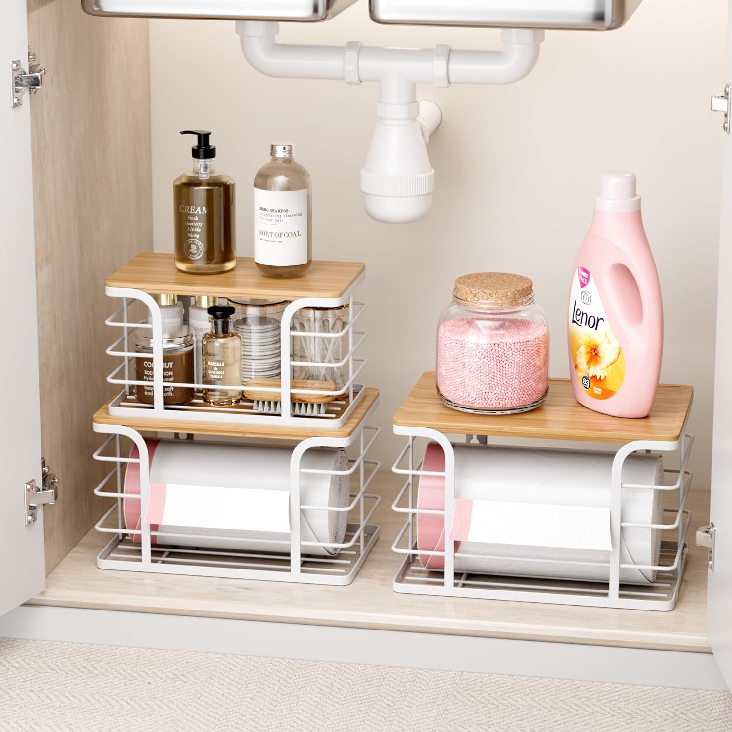 3 Pack Stackable Pantry Organizer,Stainless Steel Trash Bag Holder Dispenser,Kitchen Storage Organization for Kitchen Counter Sink,Laundry Room,Pantry, White
