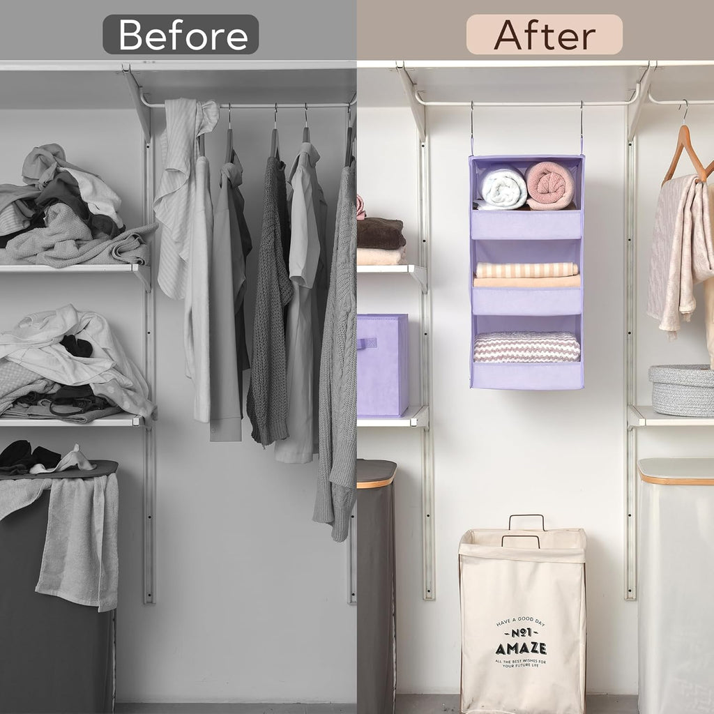 GRANNY SAYS 3 Shelf Hanging Closet Organizers and Storage, Collapsible Closet Storage Organizer with 2 Metal Hooks, Leak-Proof Hanging Shelves for Closet, Dorm Room, Nursery, 2 Pack, Purple