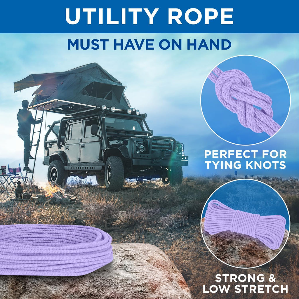 TECEUM Cotton Rope 3/16” (5 mm) – 100 FT – Strong All-Purpose Braided Rope – Natural Cotton – for Crafting, Сamping, Clothes Line, DIY, Indoor & Outdoor Use – Lavander