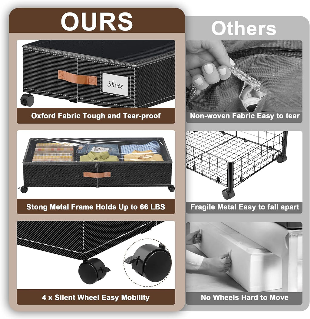 Under Bed Storage with Wheels, 2-Pack Under Bed Storage Containers with Clear Lids, XXL 65L Under the bed storage Organizer Bins, Rolling Under Bed Metal Drawer for Clothes,Shoes,Toys (Black, 2-Pack)