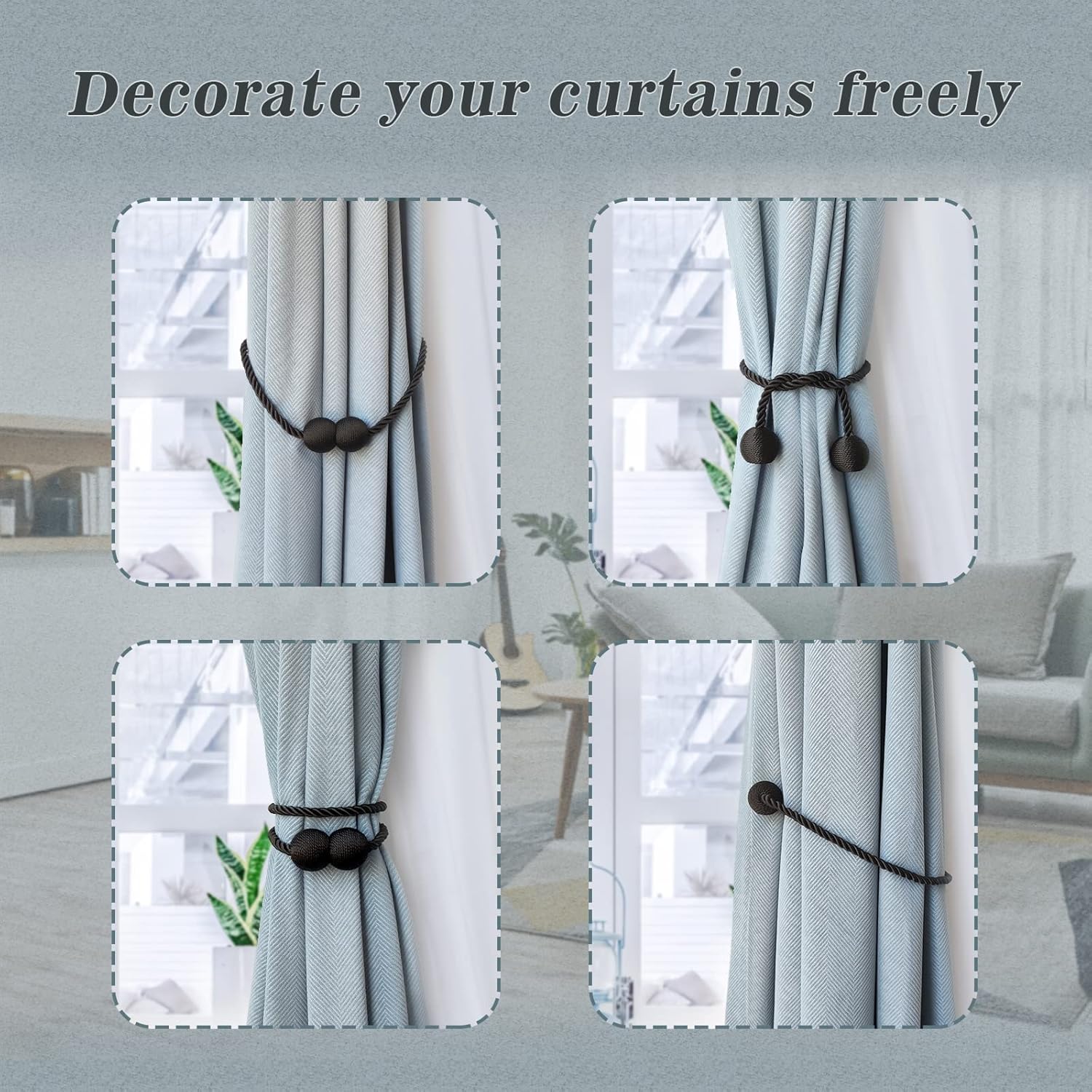 Hion Magnetic Curtain Tiebacks Black 6 Pack, Curtain Tiebacks Buckles Holdbacks Holders Hooks Clip for Home Bedroom Office Decorative Thick or Thin Curtain