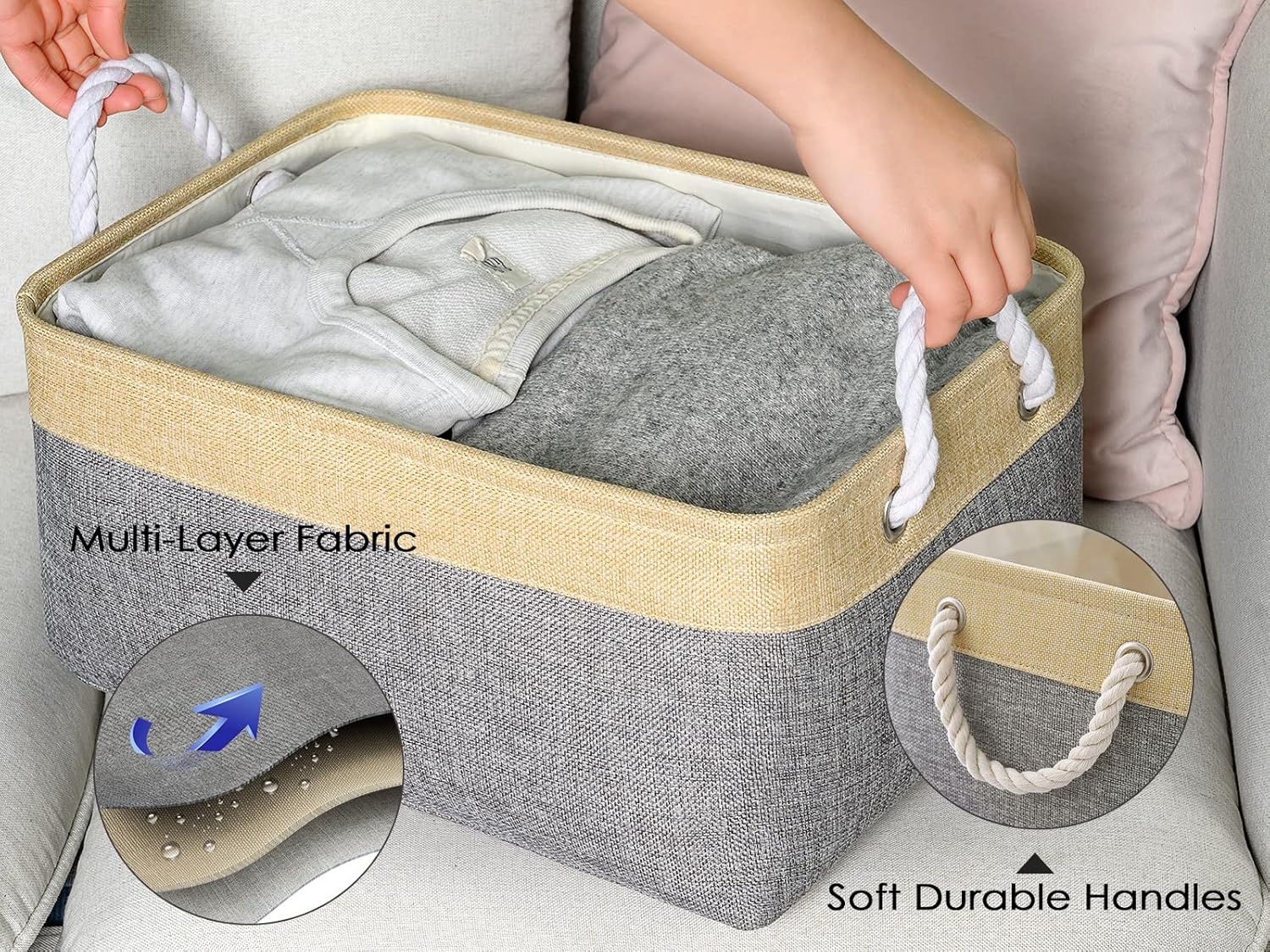 TheWarmHome Storage Basket for Organizing - 3 Pack 14x10x7 inch Large Collapsible Storage Bin for Shelves, Fabric Storage Cubes for Organizer ClosetCloth Gift Toy (Grey & Gold)
