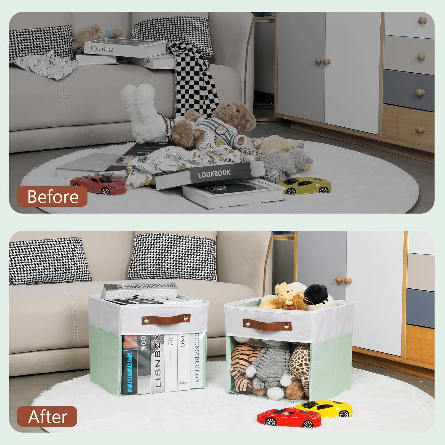 HNZIGE Clear Storage Cubes Bins 11 x 11, Fabric Storage Cube Bins for Storage Organizer,Shelf Storage Bin for Organizing, Cubby Foldable Cube Organizer Bin for Storage Blanket Home(White Green 6PCS)