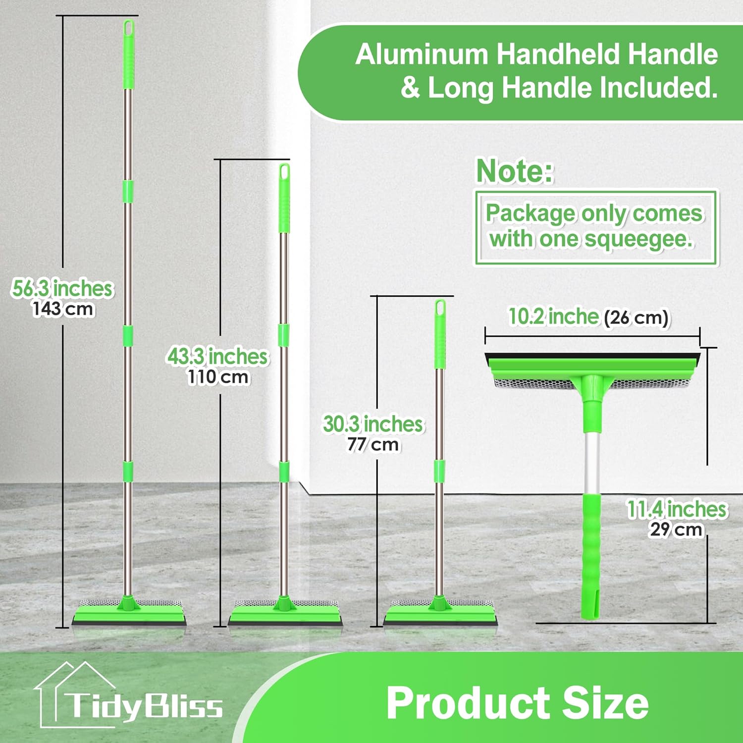 Window Squeegee Professional, 56” Car Windshield Glass Cleaner Tool with Extension Pole, Long Handle Household 10 inches Washer Sponge Scrubber Kit for Cleaning Home Mirror Outdoor (Green)