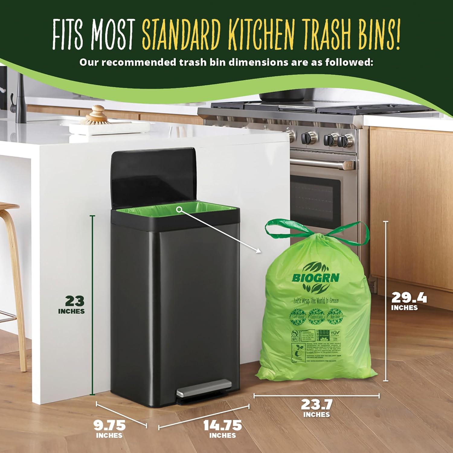 10-13 Gallon Compostable Trash Bags Drawstring 30 Bags Heavy Duty Extra Thick 1 Mil 49.21 Liter Biodegradable Trash Bags Compost Bags Green for Kitchen ASTM D6400 US BPI and OK Compost Home Certified