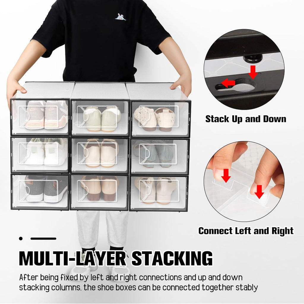 Kuject 15 Pack Shoe Storage Boxes, Clear Plastic Stackable Shoe Organizer for Closet, Connect Left and Right Shoe Boxes Case Container Bin for Entryway, Drop Front, Fit for Size 10(Black)
