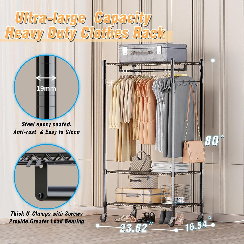 Homdox Heavy Duty Clothing Rack with 3 Tier Adjustable Wire Shelves, Garment Racks for Hanging Clothes, Double Rods Clothing Rack, Freestanding Closet Wardrobe with Side Hooks, Black