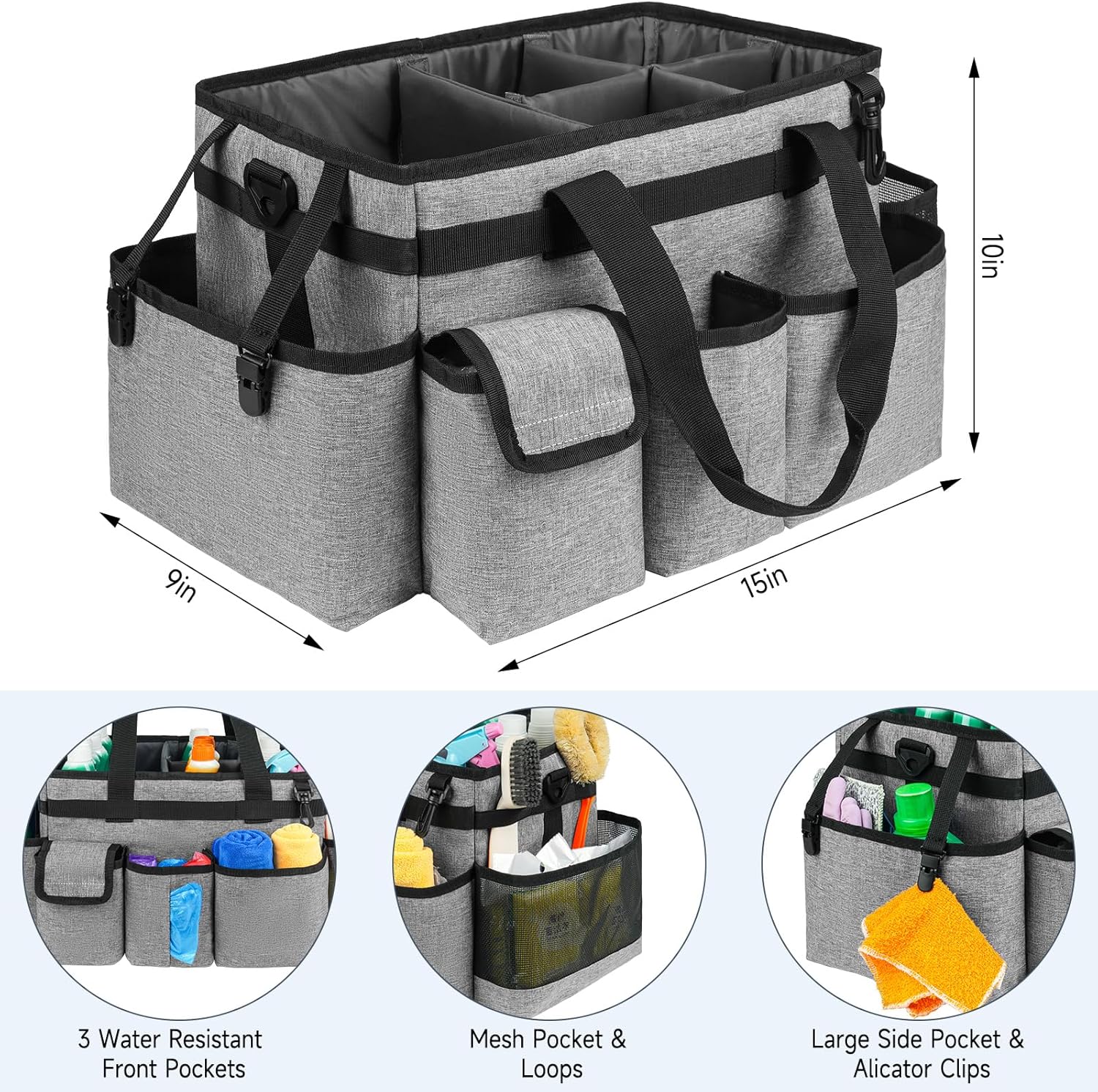 Cleaning Caddy Bag,Large Cleaning Supplies Organizer with Handle for Housekeepers,Gray