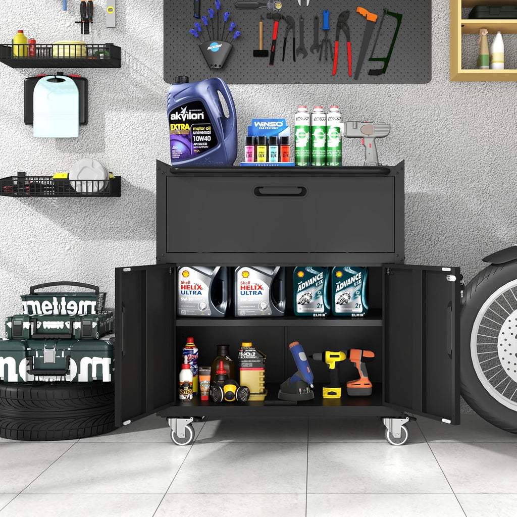 Metal Storage Cabinet with Wheels, Lockable Garage Cabinet with 2 Doors and 1 Drawer, Rolling Tool Storage, Assembly Required, Black
