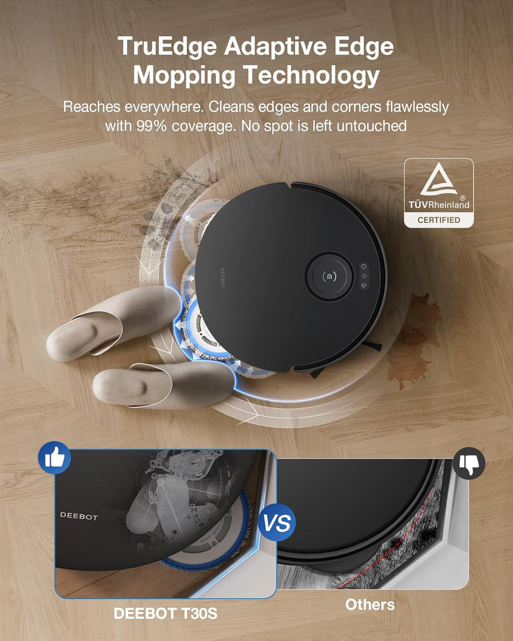 ECOVACS DEEBOT T30S Combo Robot Vacuum and Mop, All-in-One Cleaning Hub, 11000Pa, ZeroTangle Technology, TruEdge Adaptive Edge Mopping, Dual Self-Emptying, Hot Water Washing, Auto-Mop Lifting