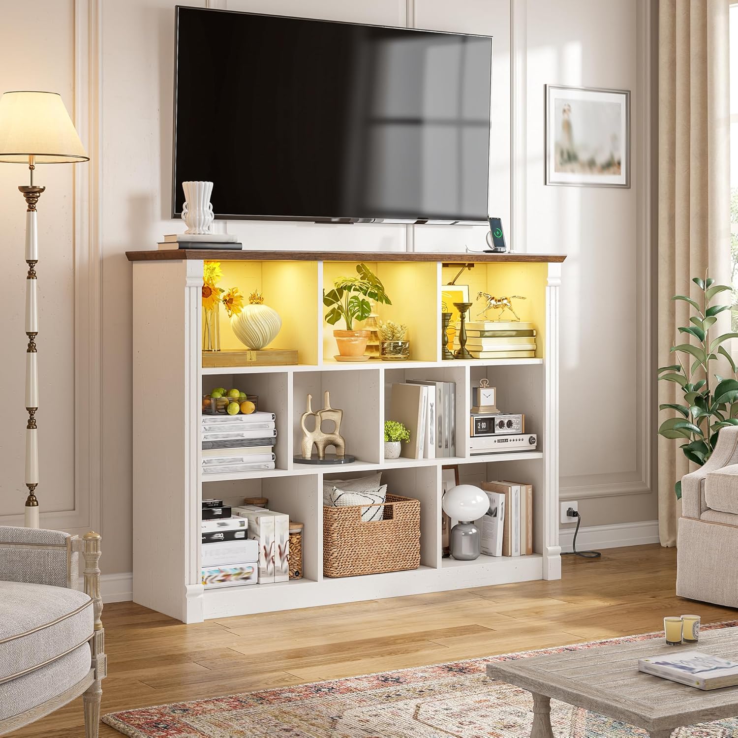 EnHomee 10 Cube Storage Organizer with LED Light and Charging Station Wood Cube Shelf White Bookshelf for Bedroom Living Room,Office,White