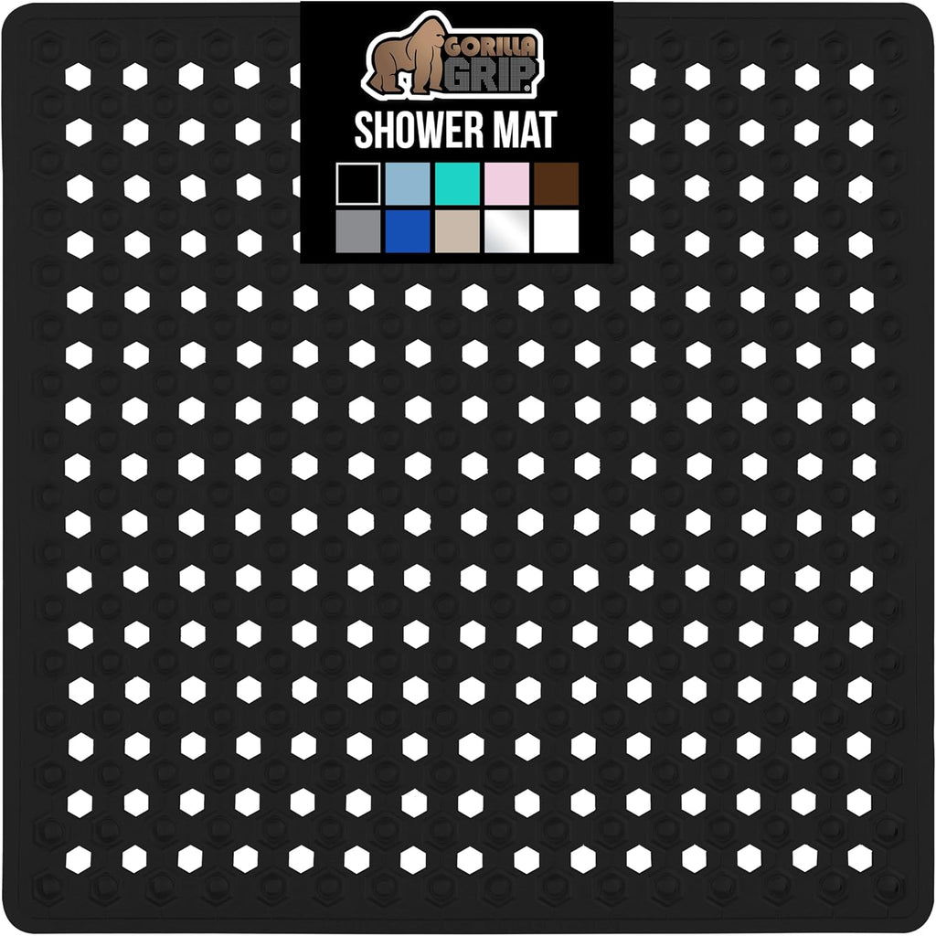 GORILLA GRIP Patented Square Shower Stall Mat, Small Bathtub Floor Mats for Stand Up Showers, Suction Cups and Drainage Holes, Machine Wash, Soft on Feet, Bathroom Accessories 21x21 Inch, Black Opaque