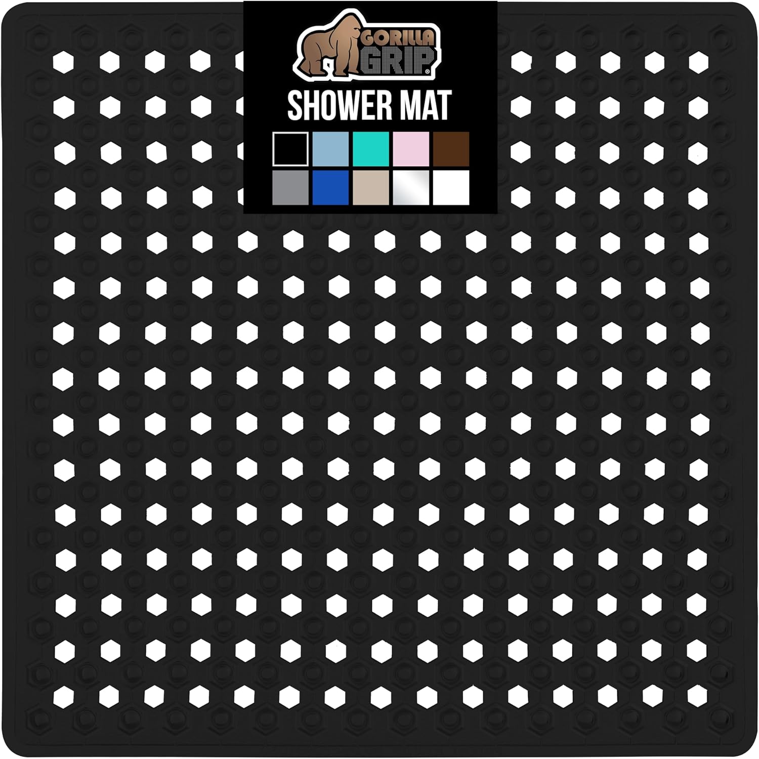 GORILLA GRIP Patented Square Shower Stall Mat, Small Bathtub Floor Mats for Stand Up Showers, Suction Cups and Drainage Holes, Machine Wash, Soft on Feet, Bathroom Accessories 21x21 Inch, Black Opaque