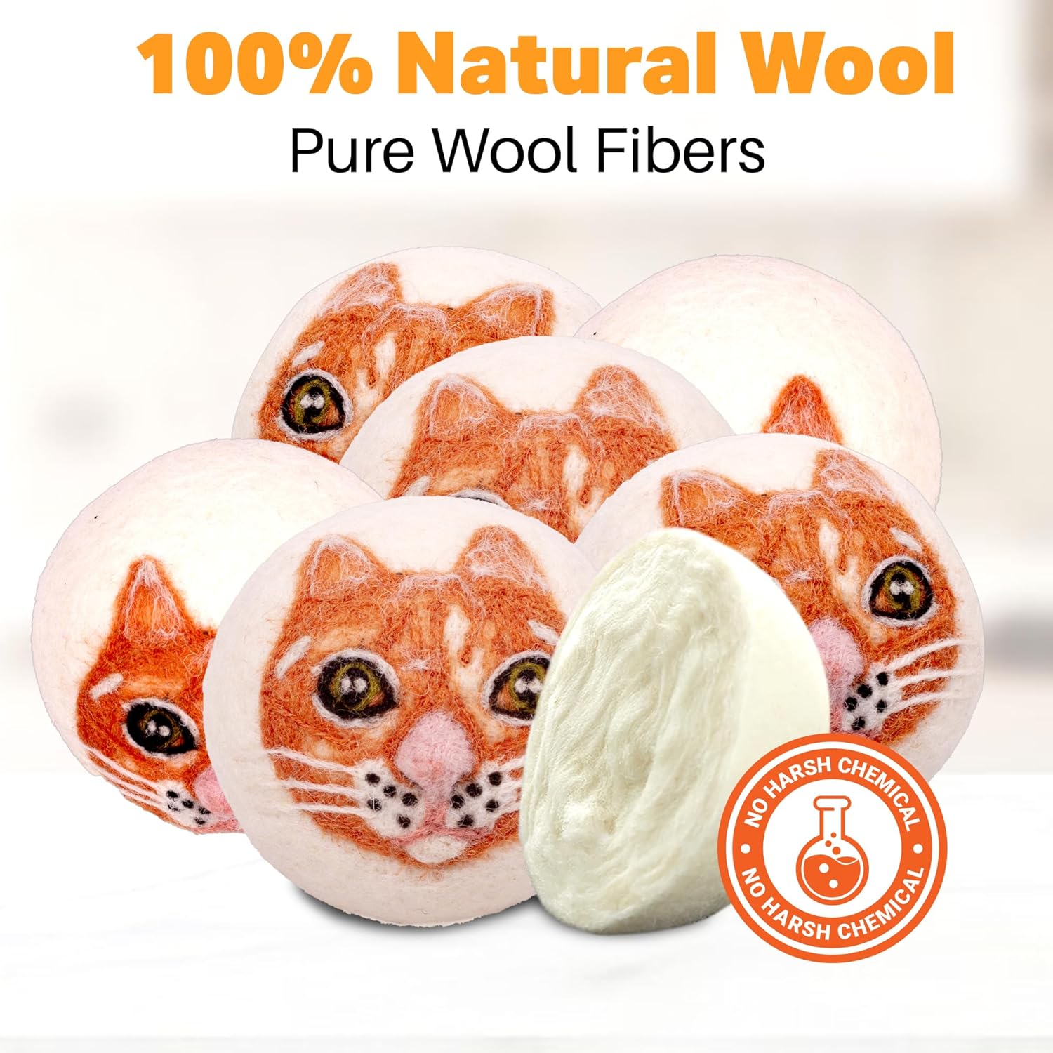 Wool Dryer Balls Organic Felt 6 Pack Laundry Fabric Softener, Extra Large Reusable Handmade Natural Sheep Wool Lint Wrinkle Free Anti Static Baby Safe (Orange Cat)