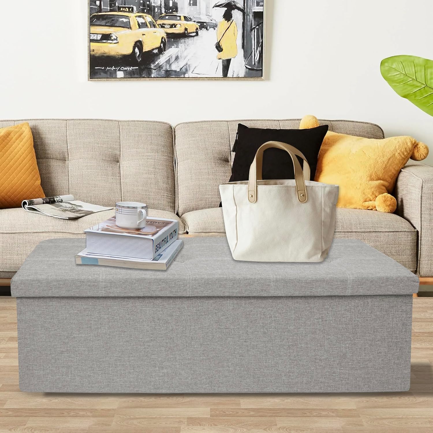GLAXYFUR 43 Inches Folding Storage Ottoman Bench, Storage Chest, Footrest for Entryway, Living Room, Holds up to 660 lb, Light Grey