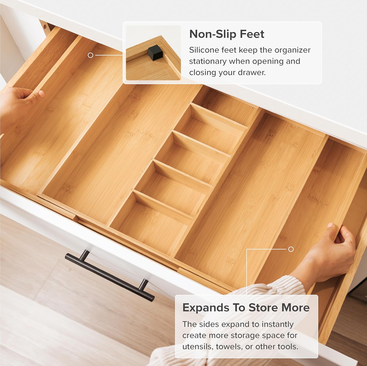 KitchenEdge Adjustable Kitchen Drawer Organizer for Utensils and Junk, Food-Safe Contract Grade with 100% Sustainable Wood, Expandable from 19 to 33 Inches Wide - Natural Bamboo