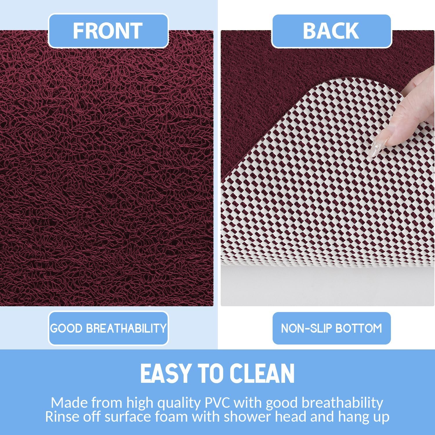 Non-Slip Bathtub Mat, Anti Slip Shower Mat, Fast Drying Bathtub Mats, Foot Scrubber Mat, Anti Slip Mat for Tub, Floor, Bathroom, Kitchen, Home, Hotel (Wine Red 36"×24")