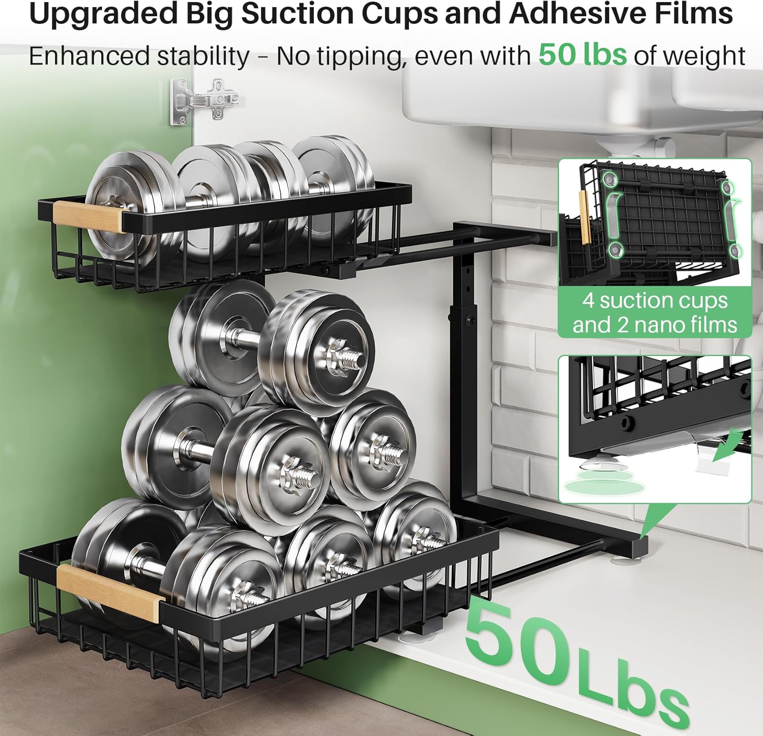 Pull out Cabinet Organizer, 2 Tier Under Sink Organizer, Slide out Metal Kitchen Cabinet Organizers Drawer Shelf, Sliding Storage Shelves for Kitchen Bathroom Pantry Cabinet Closet Organization Rack