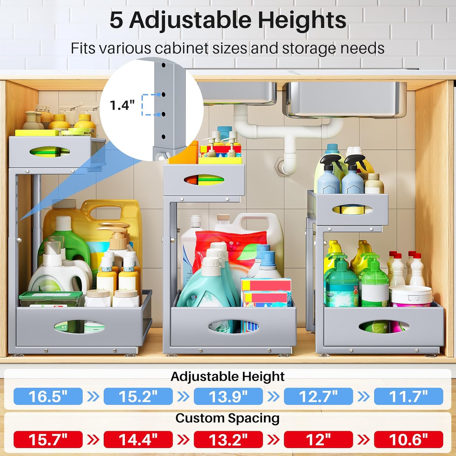 Under Sink Organizer, 2 Tier Pull Out Under Cabinet Organizer Shelf with Pad for Framed Cabinets, Metal Slide Out Under Sink Storage, Mesh Sliding Drawers for Kitchen Bathroom Laundry(Grey, 1 Pack)