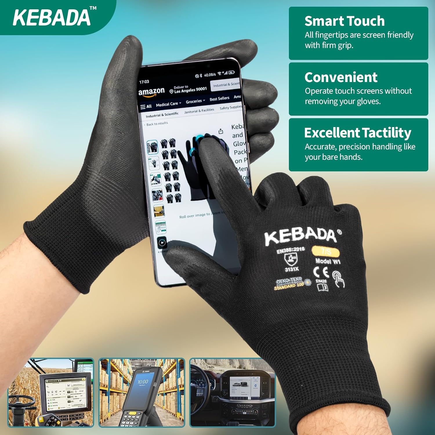 Kebada Safety Work Gloves,120 Pairs Bulk Pack, Touchscreen, PU Coated, Ideal for Warehouse, Construction, Gardening and Mechanics, Black, Small
