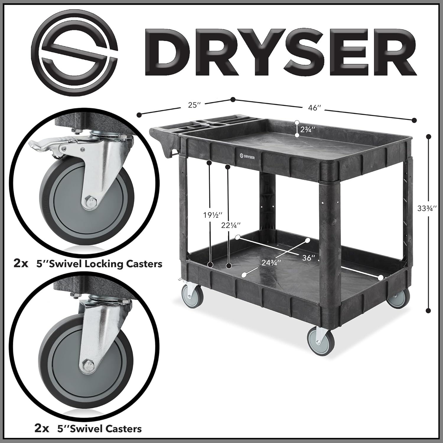 Dryser Utility Cart with Wheels, 46" x 25" Heavy Duty 550 lb. Capacity with Shelves - 2 Tier Rolling Cart with Four 5" Swivel Casters for Warehouse, Garage, Cleaning