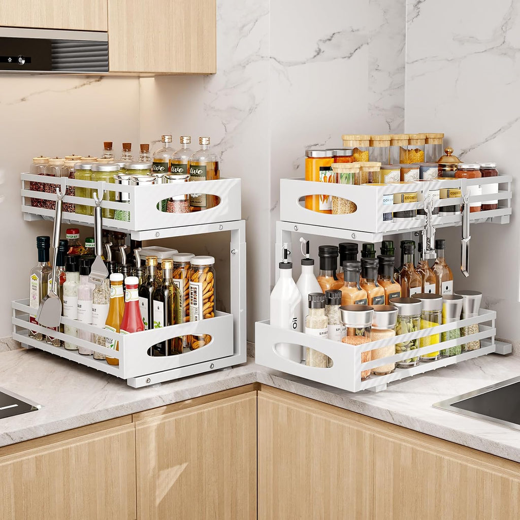 Under Sink Organizer, 2 Tier Under Sink Organizers and Storage, Adjustable Height, Slide out Metal Cabinet Organizers, Pull out Cabinet Storage Drawer Shelf for Kitchen Bathroom White, 2 Pack