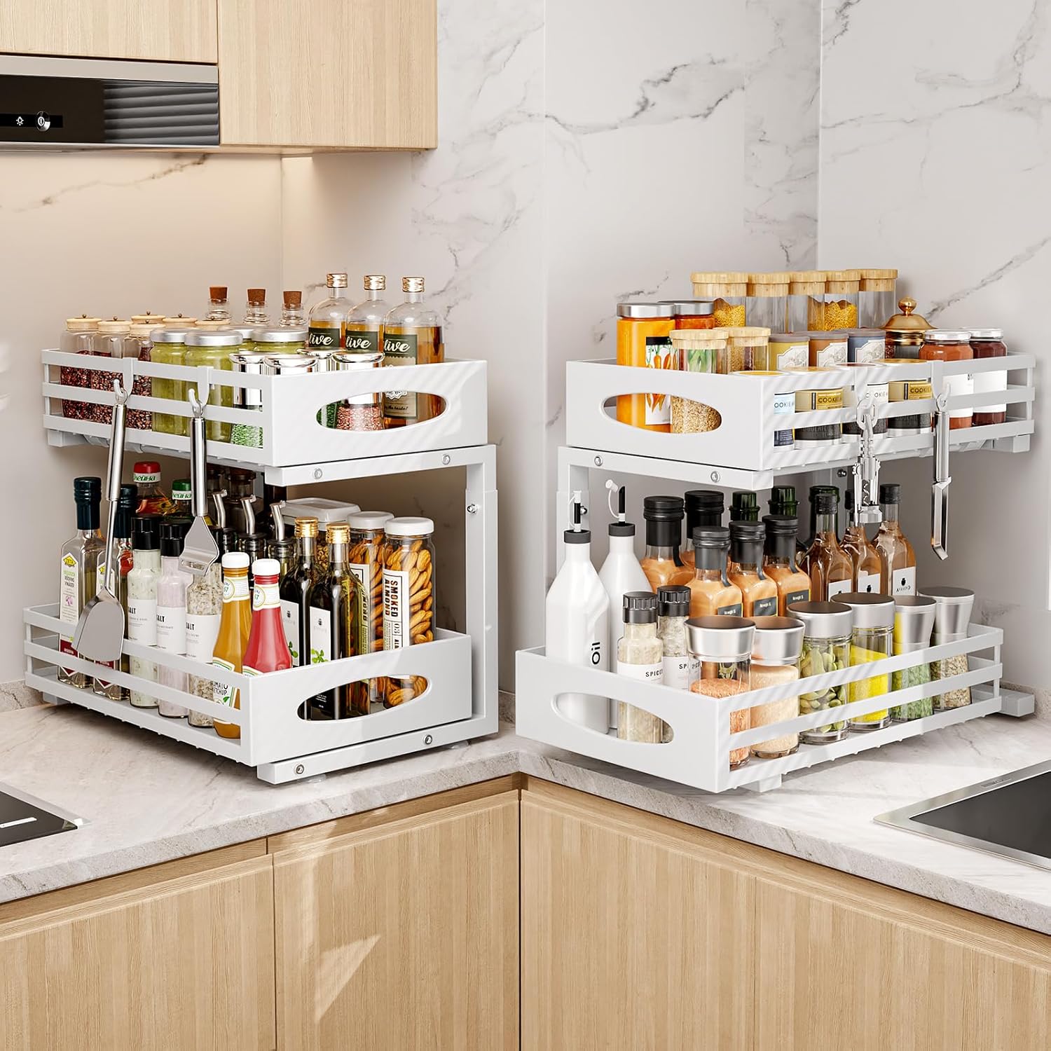 Under Sink Organizer, 2 Tier Under Sink Organizers and Storage, Adjustable Height, Slide out Metal Cabinet Organizers, Pull out Cabinet Storage Drawer Shelf for Kitchen Bathroom White, 2 Pack
