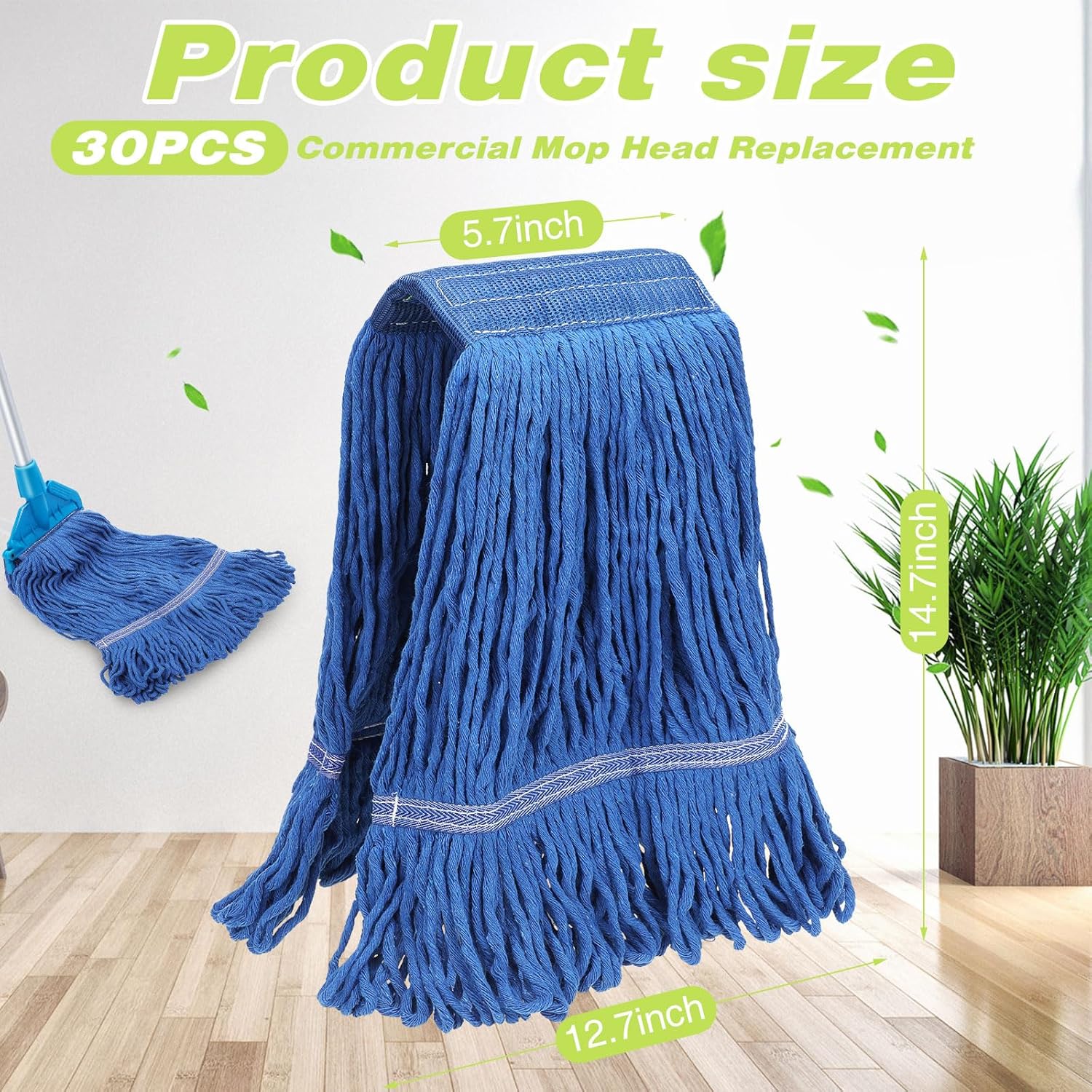 Roshtia 30 Pieces Commercial Mop Head Replacement Floor Cleaning Wet Mop Heads Heavy Duty Large Cotton String Sweeper Refills for Industrial Home Use(Blue)