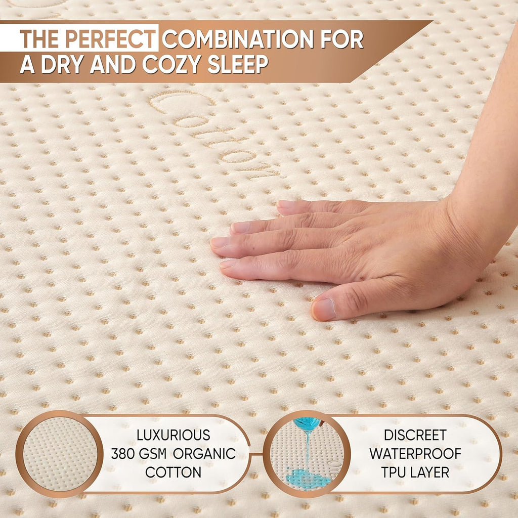 Luxury Waterproof Organic Mattress Protector Full - Organic Cotton Breathable Mattress Pad Cover - New 380 GSM Comfort - Deep Pocket - Jersey Cotton Skirt - Fitted Comfort