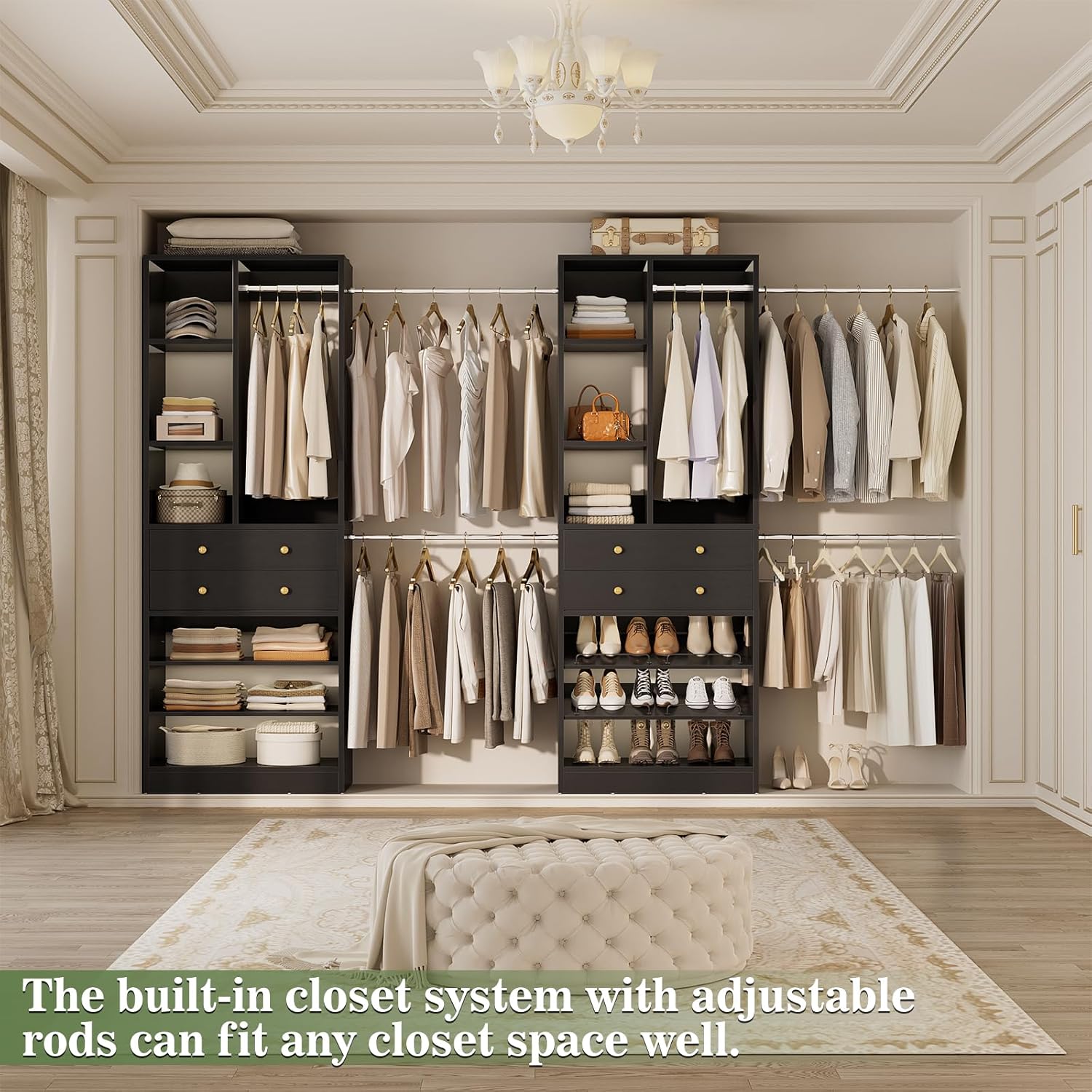Closet System, Up to 134"/11.2 FT Closet Organizer with 4 Wooden Drawers and Shelves, Walk-in Closet System with 6 Hanging Rods, Built-in Closet Can Fit 96"/8FT, 120"/10FT, Black