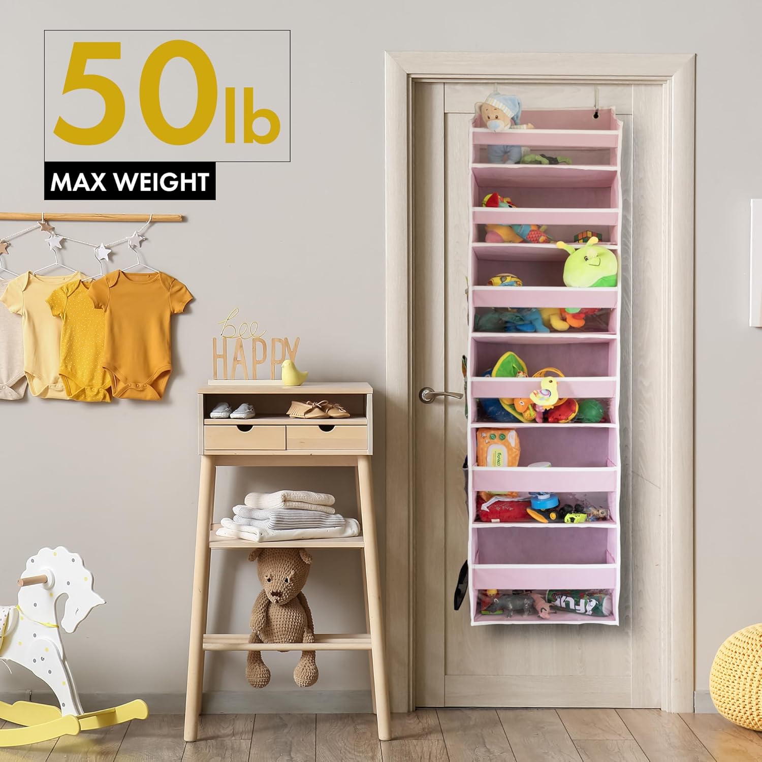 HOMELUX THEORY 1 PC Heavy Duty Over the Door Organizer 55x14x6.7, 6 Large Front & 12 Side Pockets, Hanging Storage Closet Door Organizer for Bedroom, Bathroom and Baby Nursery Storage (Baby Pink)