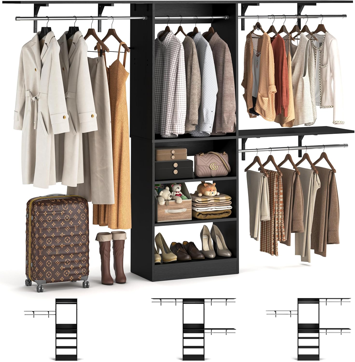 8FT Closet System with Shelves, 96'' Closet Organizer System with 3 Hanging Rods, Wall Mount Bedroom Wardrobe Walk-in Closet, Adjustable Cloth Garment Rack from 5 to 8FT (Cut to Fit), Black