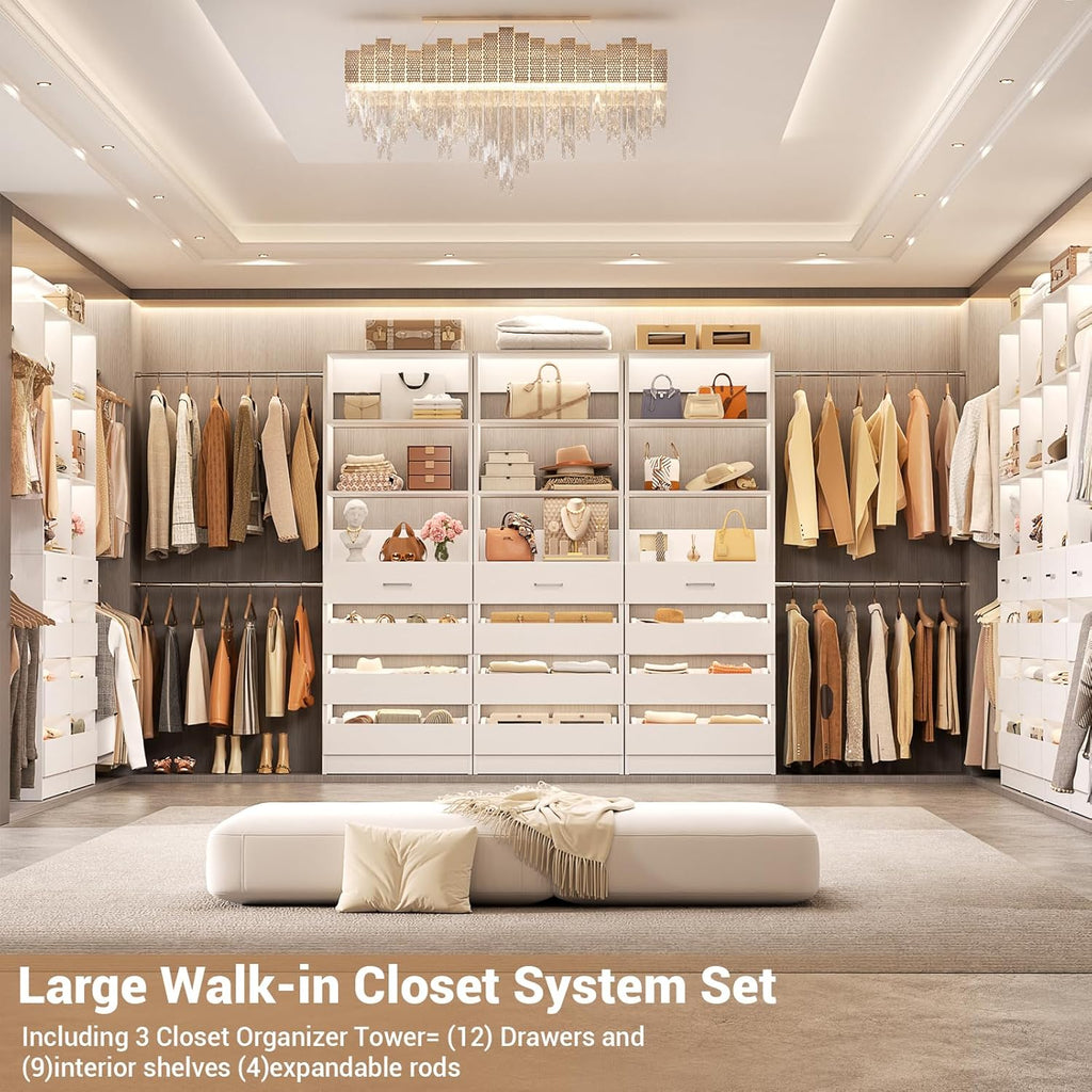 Aheaplus Closet System with 12 Drawers, 8.5-11.5Ft Wood Closet Organizer System with 4 Hanging Rods & 3 Towers, 4Ft & 6Ft L-Shaped Walk-in Closets Wardrobe Organizer Clothes Rack, Set of 3, White
