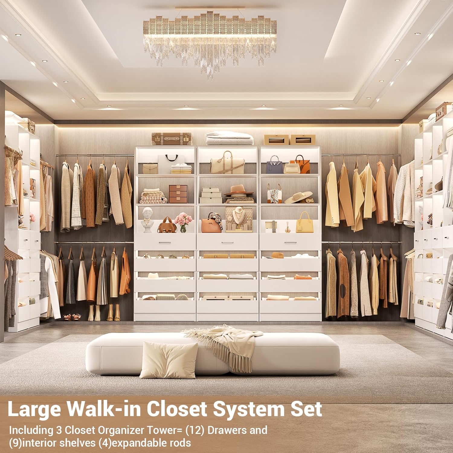 Aheaplus Closet System with 12 Drawers, 8.5-11.5Ft Wood Closet Organizer System with 4 Hanging Rods & 3 Towers, 4Ft & 6Ft L-Shaped Walk-in Closets Wardrobe Organizer Clothes Rack, Set of 3, White
