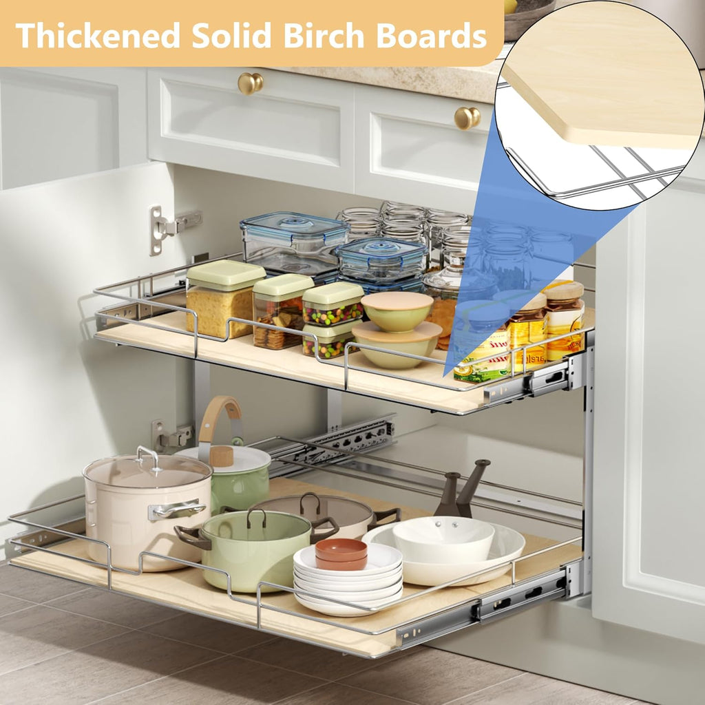 ROOMTEC 2 Tier Individual Pull Out Cabinet Organizer 19½"W x 21½"D, Slide Out Wood Shelves Organizers, Pull Out Drawers Organization and Storage for Kitchen Cabinet