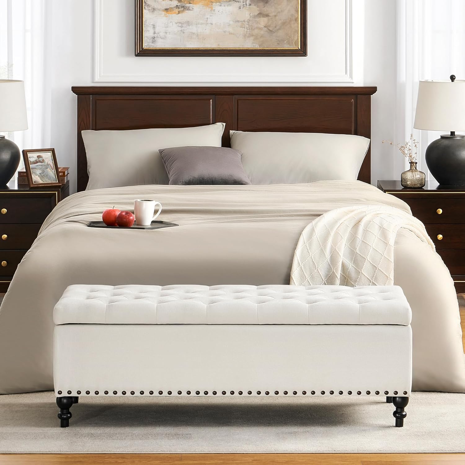 Storage Ottoman 50.2 Inches Upholstered Fabric Storage Ottoman Bench，Button Tufted Ottoman with Storage for Living Room，Bedroom End of Bed Bench Withstands 304lbs