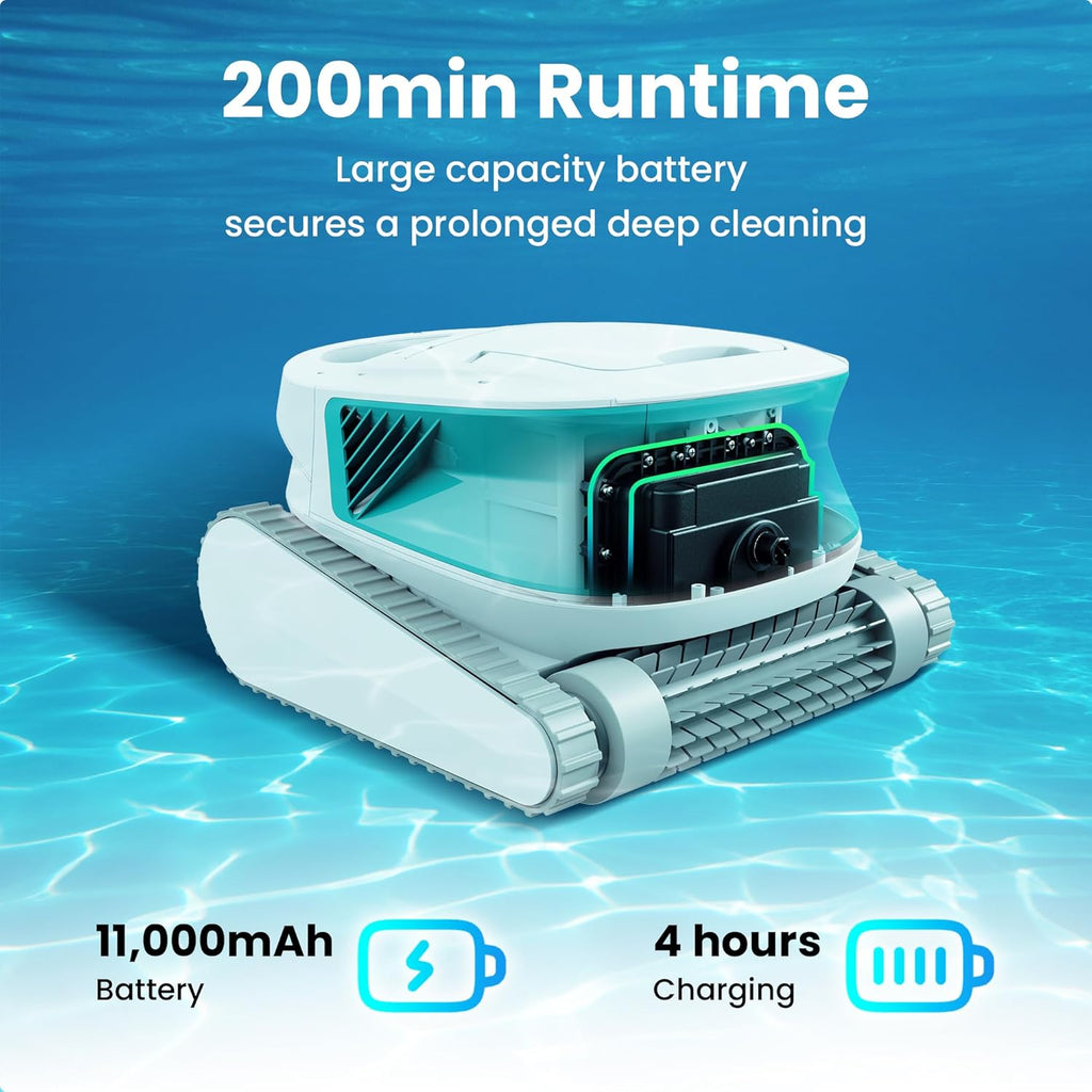 Poolmate Hydro 3 All-in-one Pool Vacuum Robot, 200mins Runtime Cordless Pool Cleaner, 2 150W Brushless Motor+Floor/Wall/Waterline Scrubber Brush,Ideal for Inground/Above-Ground Swimming Pools