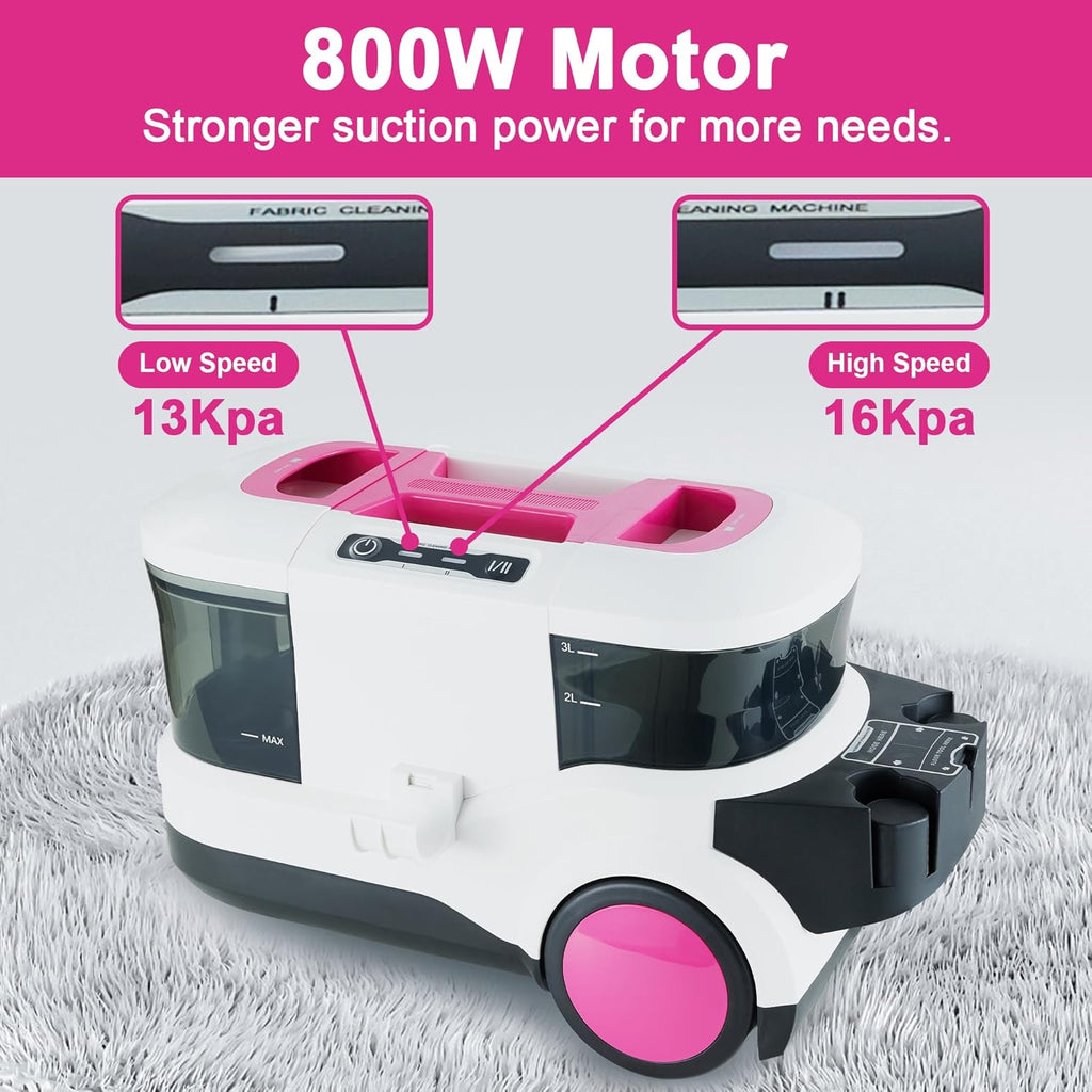 WECLEAN Carpet Cleaner Machine and Stain Remover for Deep Cleaning Upholstery for Carpets Rugs and Fabric Seats,800W 18Kpa，3L Clean Tank and 1.5L Dity Tank, Pink