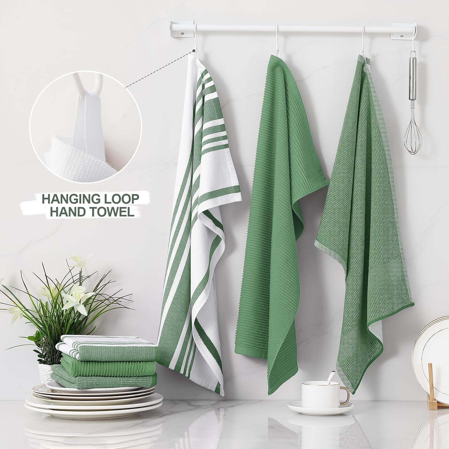 Homaxy Premium Kitchen Towels(18”x 28”, 6 Pack), Large Cotton 380 GSM Kitchen Hand Towels, Soft and Absorbent Terry Dish Towels, Multipurpose Tea Towel Set with Hanging Loop, Grass Green