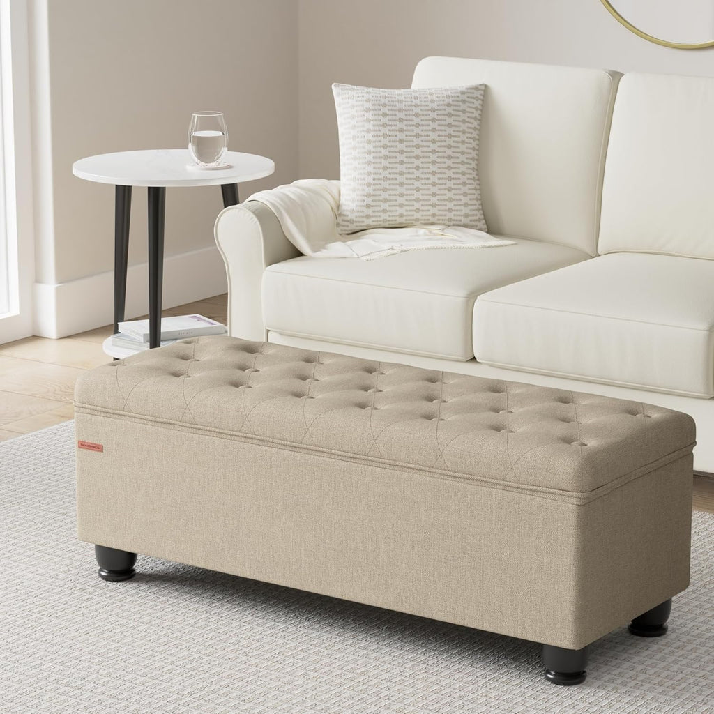 SONGMICS Storage Ottoman, Storage Bench, Tufted Entryway Bedroom Bench, 17.7 x 46.5 x 17.7 Inches, Hinges Easy Lid Operation, Wooden Legs, Linen-Look Cover, Loads 330 lb, Camel Brown ULOM070K01