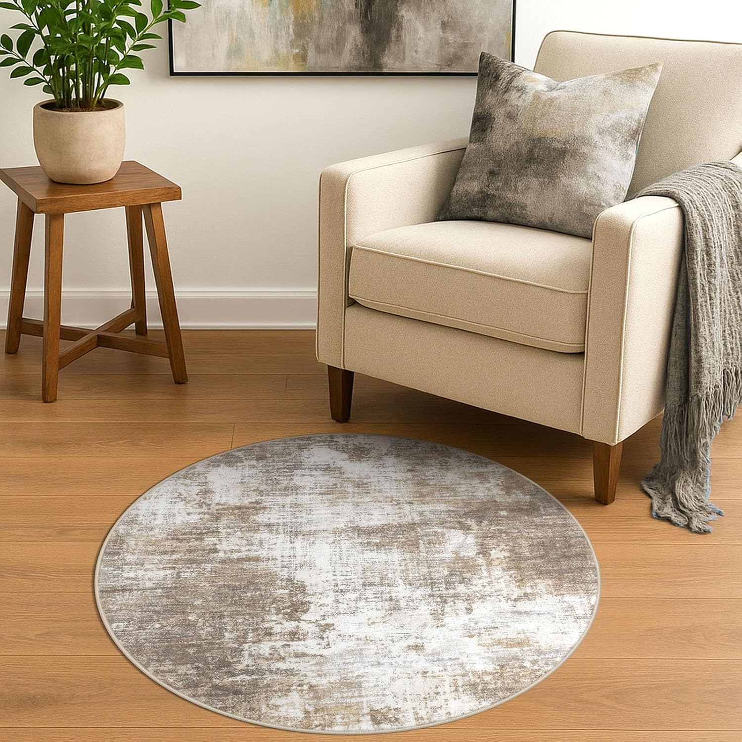 IOHOUZE Round Area Rug 3 Ft Circle Entryway Rugs Round Washable Door Mat Indoor Entrance, Non Slip Circle Front Door Rug, Printed Abstract Faux Wool Floor Carpet for Foyer Porch Sink, Beige Brown