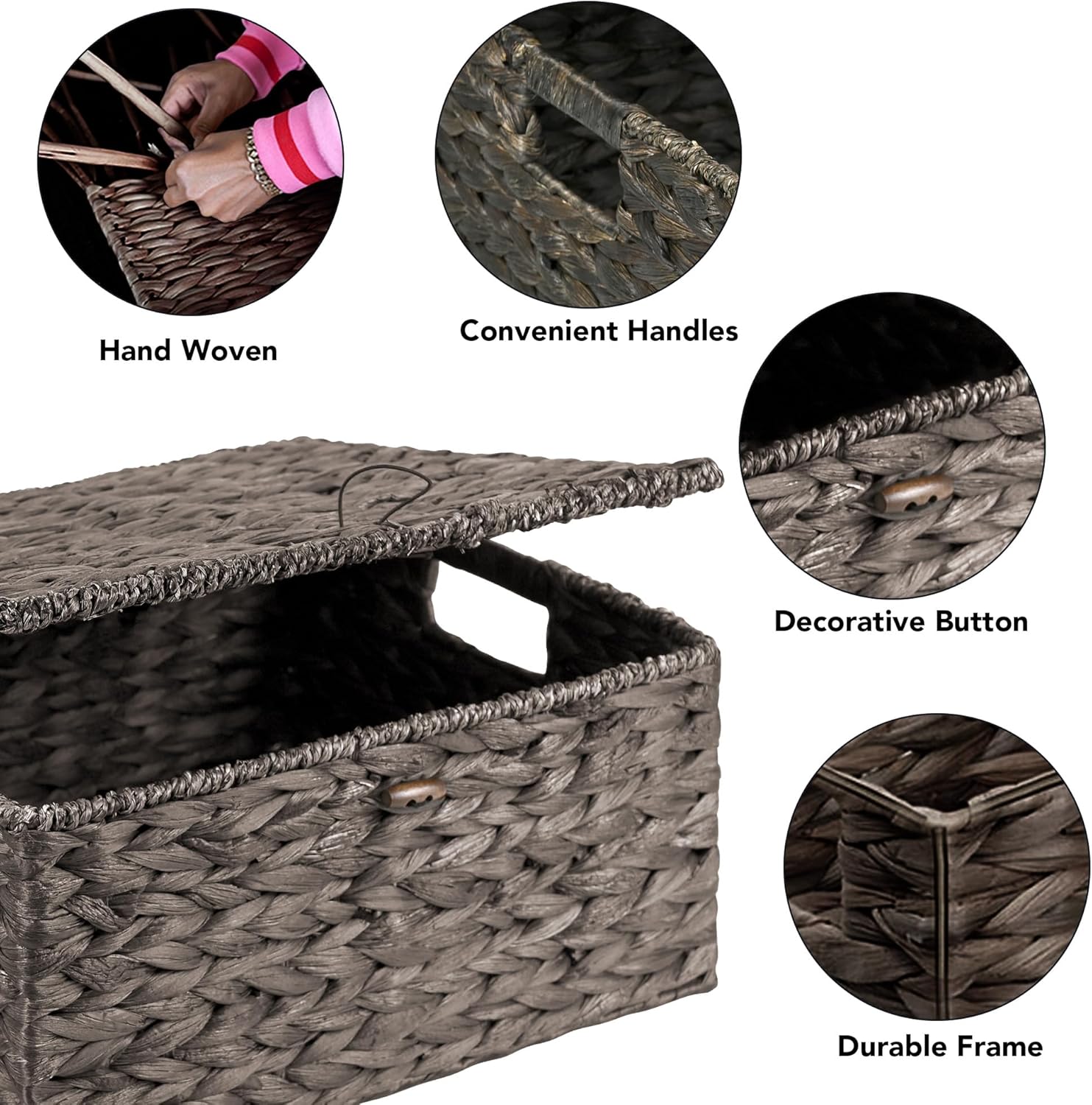 Wicker Storage Baskets with Lids and Handles, Hand Woven Rattan Storage Bins Box, Set 3 Black Water Hyacinth Decorative Large Small Basket Container for Shelves, Bathroom Organizing