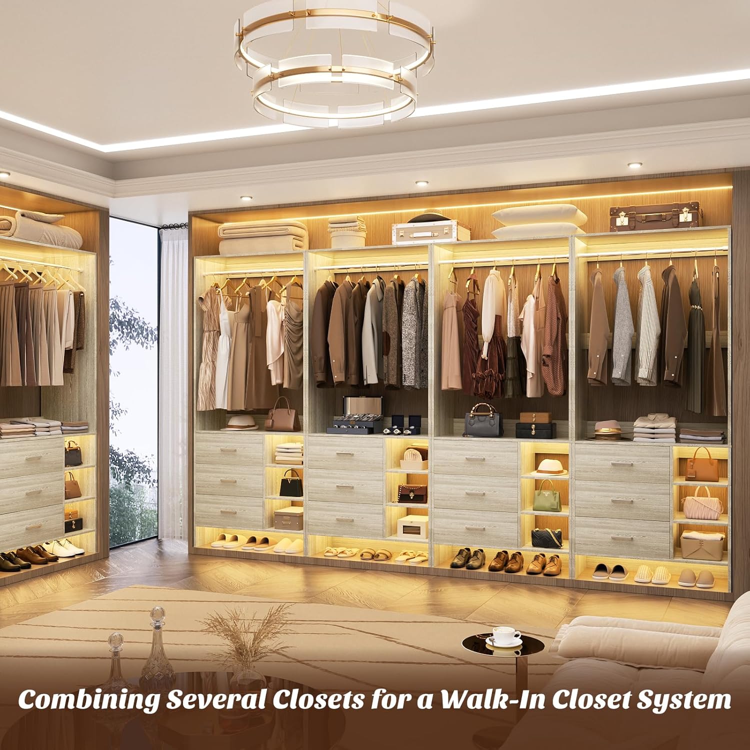 Aheaplus 2.5FT Closet System with 3 Drawers, 29.5’’ Closet Organizer, Wood Closet Organizer System, Walk-in Closet or Small Closets Wardrobe, Clothes Rack with Hanging Rods,-E6, White Oak